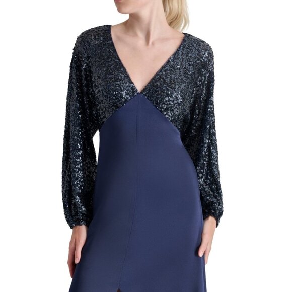 DKNY Women's Sequin Embellished Blouson-Sleeve Gown – Spring Navy – NWT 14 - Picture 4 of 5